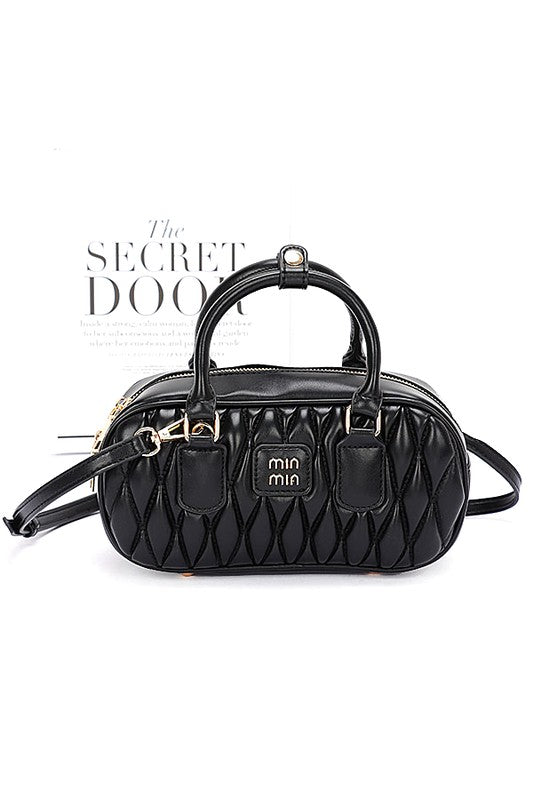 Black Faux Leather Quilted Top Handle Swing Bag Front view