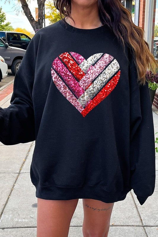 Black Faux Sequins Striped Heart Graphic Sweatshirt