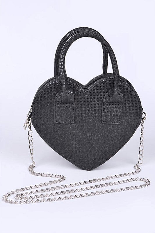 Black Glitter Top Handle Heart Shape Swing Bag Front view