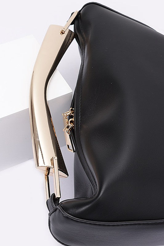 Black Gold Bar Handle Iconic Swing Bag Back view Up Close