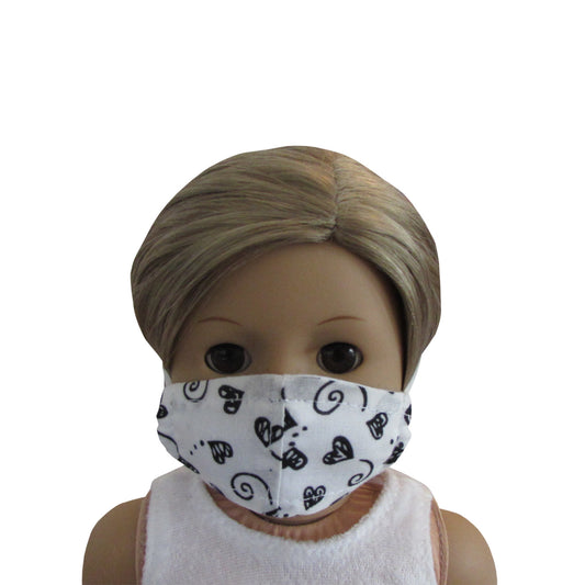 Black Hearts and Swirls on White Print Doll Face Mask for 18-inch dolls