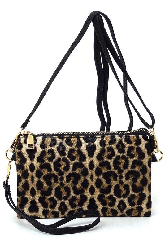 Black Leopard Fashion Crossbody Bag Clutch Wristlet Front view Strap Up