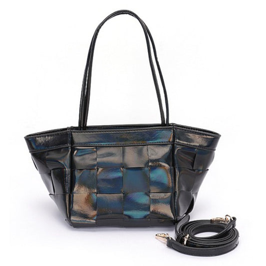 Black Metallic Faux Leather Weaved Small Tote Bag Front view