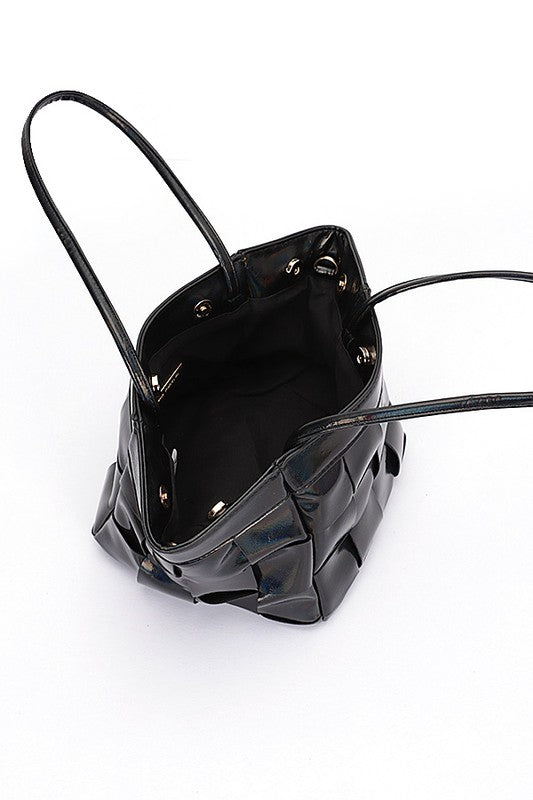 Black Metallic Faux Leather Weaved Small Tote Bag Interior view