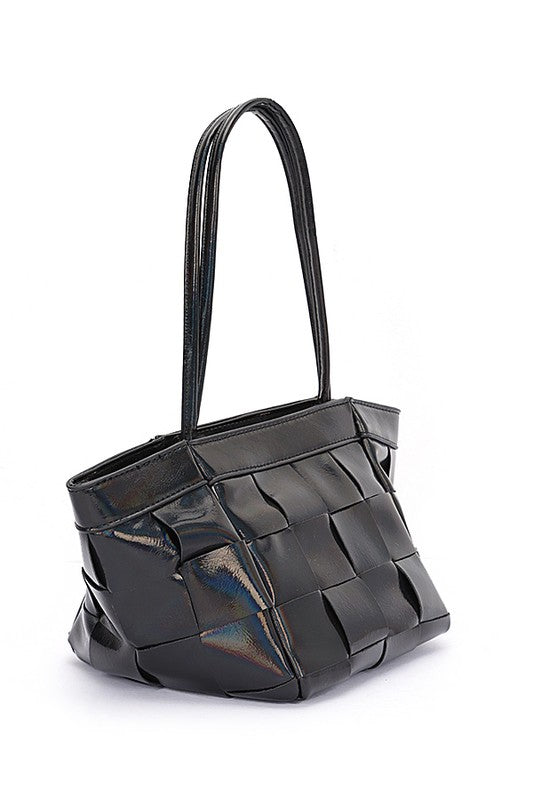 Black Metallic Faux Leather Weaved Small Tote Bag Side view