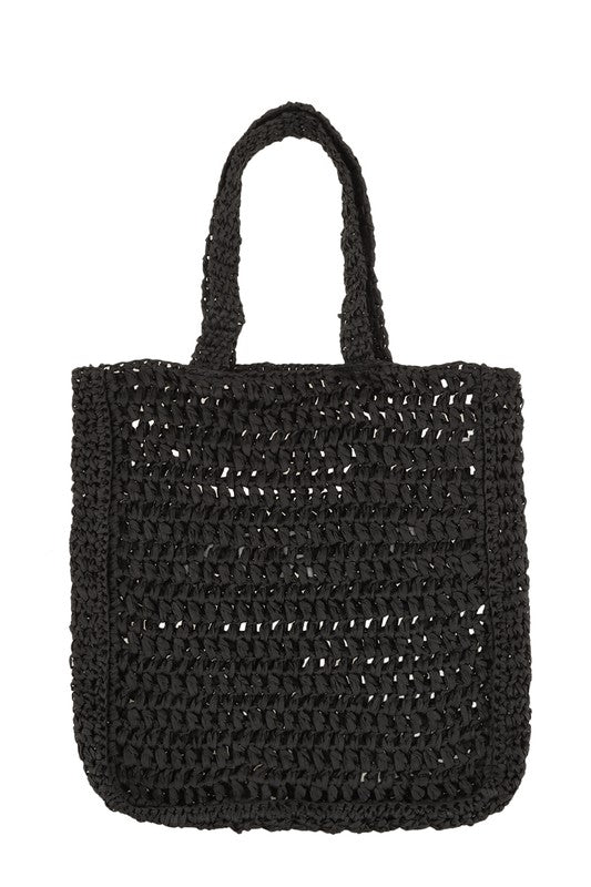 Black PARIS Embroidery Straw Tote Bag Back view