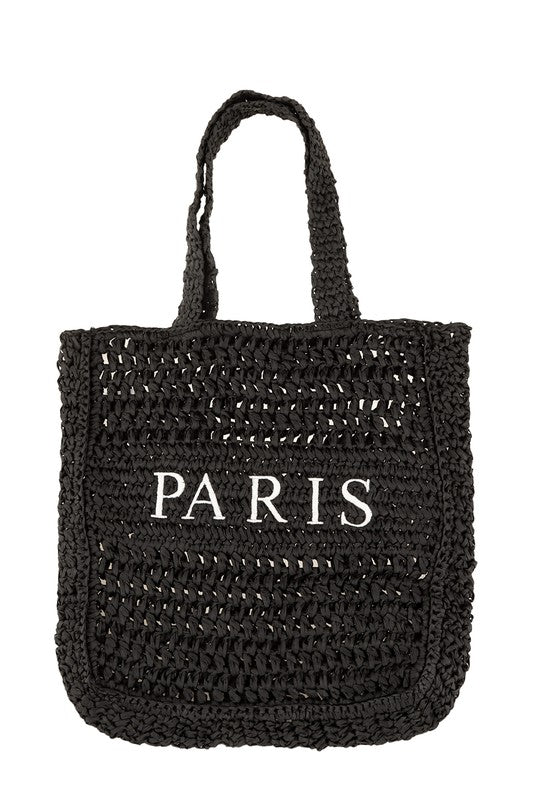 Black PARIS Embroidery Straw Tote Bag Front view