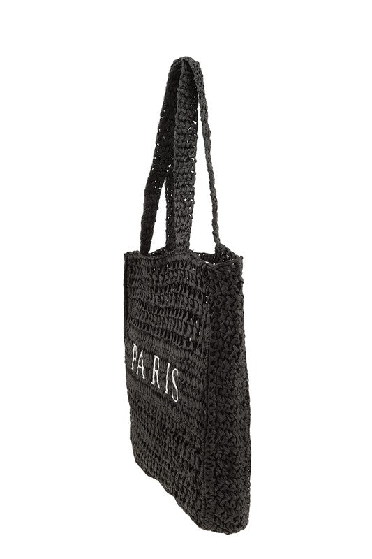Black PARIS Embroidery Straw Tote Bag Side view