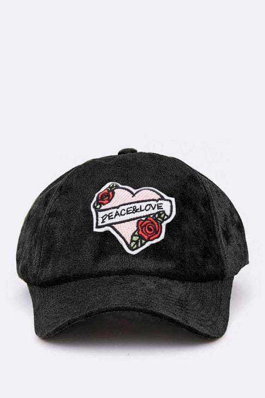 Black Peace And Love Heart Patch Distress Velour Cap