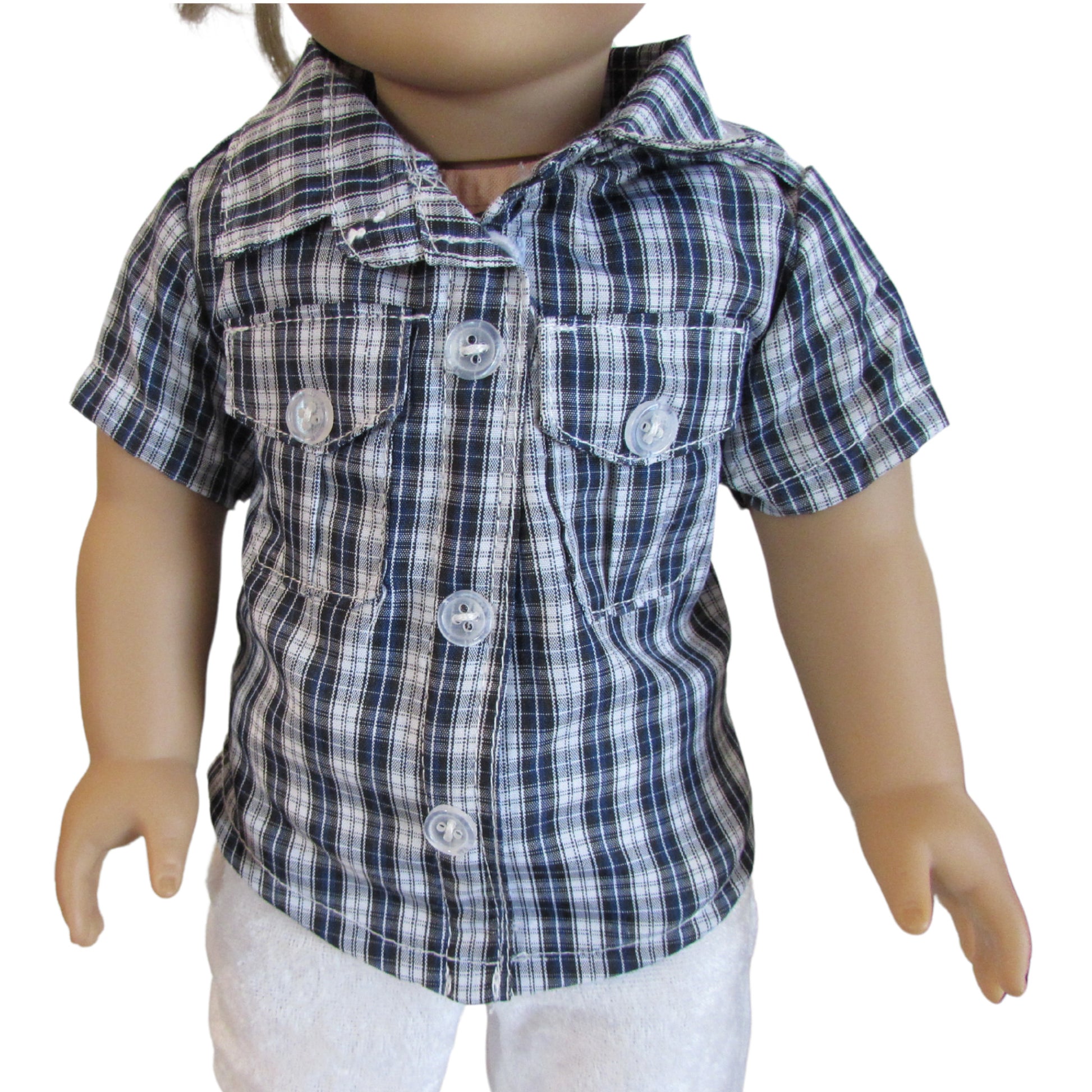 Black and Blue Plaid Shirt for 18-inch dolls with doll Front view
