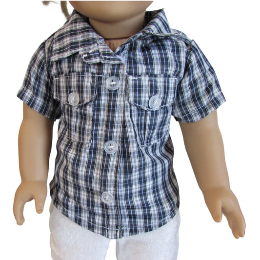 Black and Blue Plaid Shirt for 18-inch dolls with doll Front view