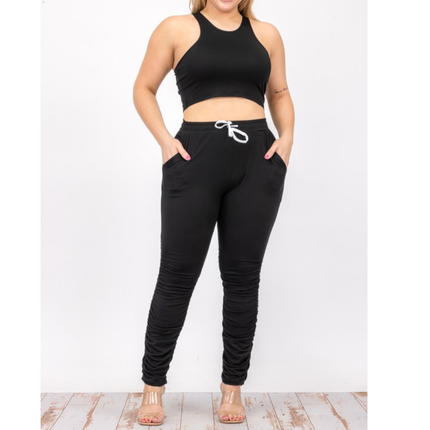 Black Plus Size Crop Tank Top & Ruched Pants Set Front view