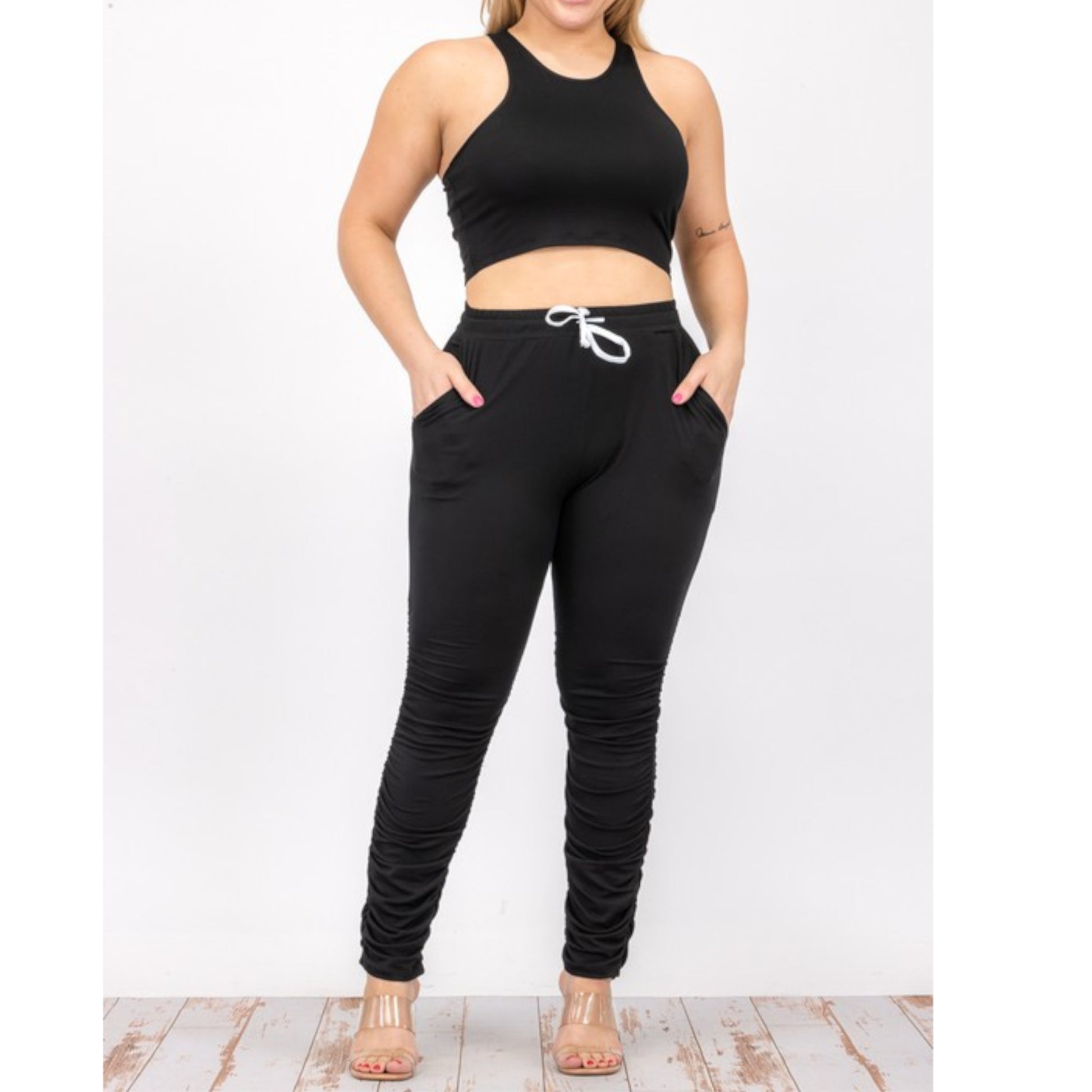 Black Plus Size Crop Tank Top & Ruched Pants Set Front view