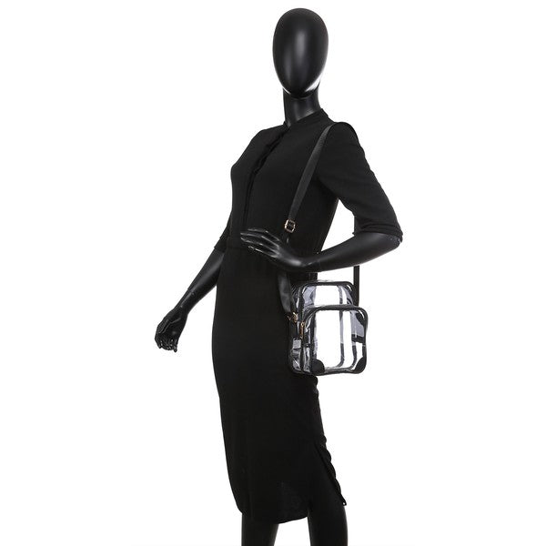 Black See Thru Multi Compartment Crossbody Bag on Mannequin