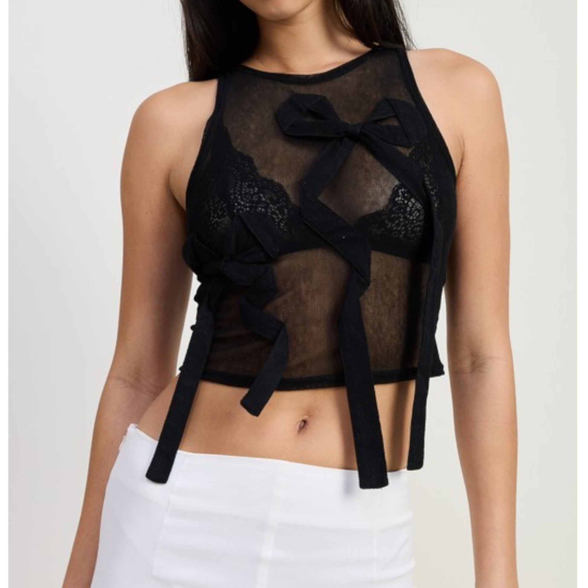Black Sleeveless Sheer Bow Top Front view