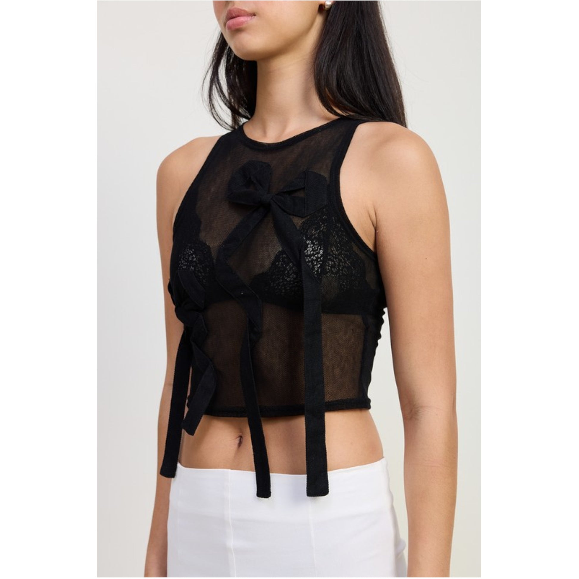 Black Sleeveless Sheer Bow Top Front view 2