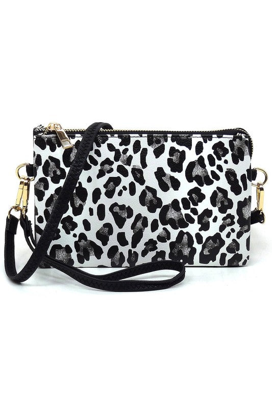 Black Snow Leopard Fashion Crossbody Bag Clutch Wristlet Front view