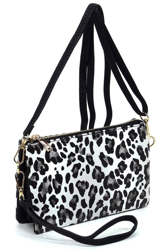 Black Snow Leopard Fashion Crossbody Bag Clutch Wristlet Front view Strap Up