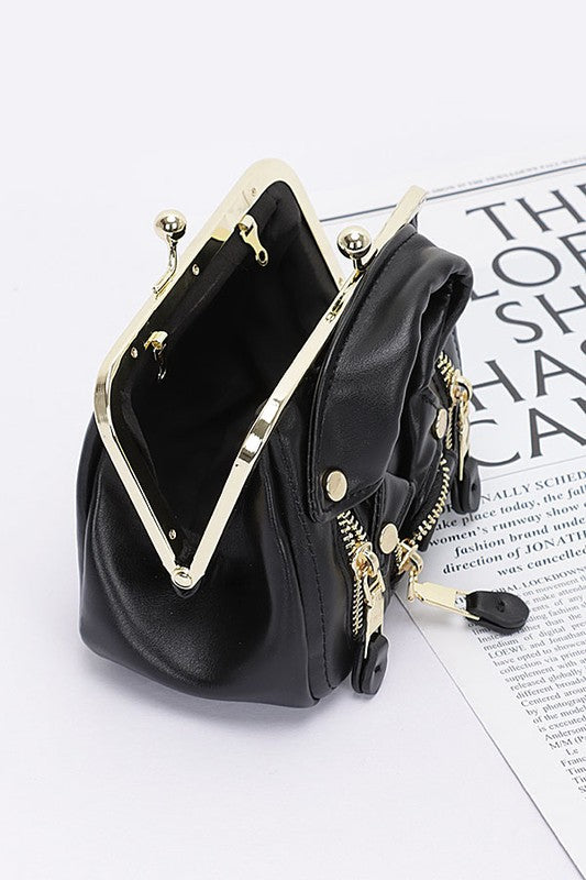 Black and Gold Iconic Leather Jacket Swing Bag Open view