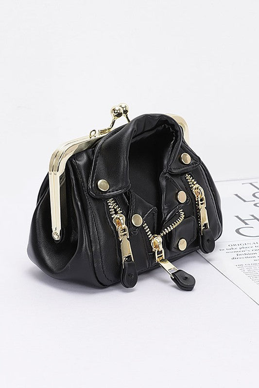 Black and Gold Iconic Leather Jacket Swing Bag Side view