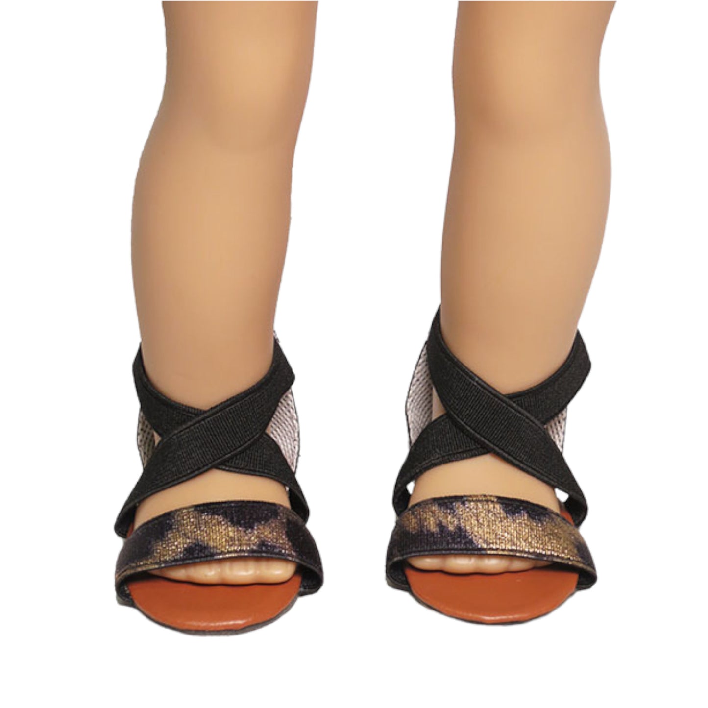 Black and Gold Sandals for 18-inch dolls with doll Front view