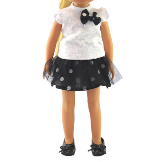 Black and White Polka Dot Skirt Set for 14 1/2-inch dolls on doll