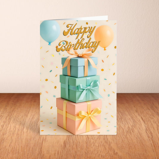 Birthday card with colorful gift boxes and balloons on a wooden surface