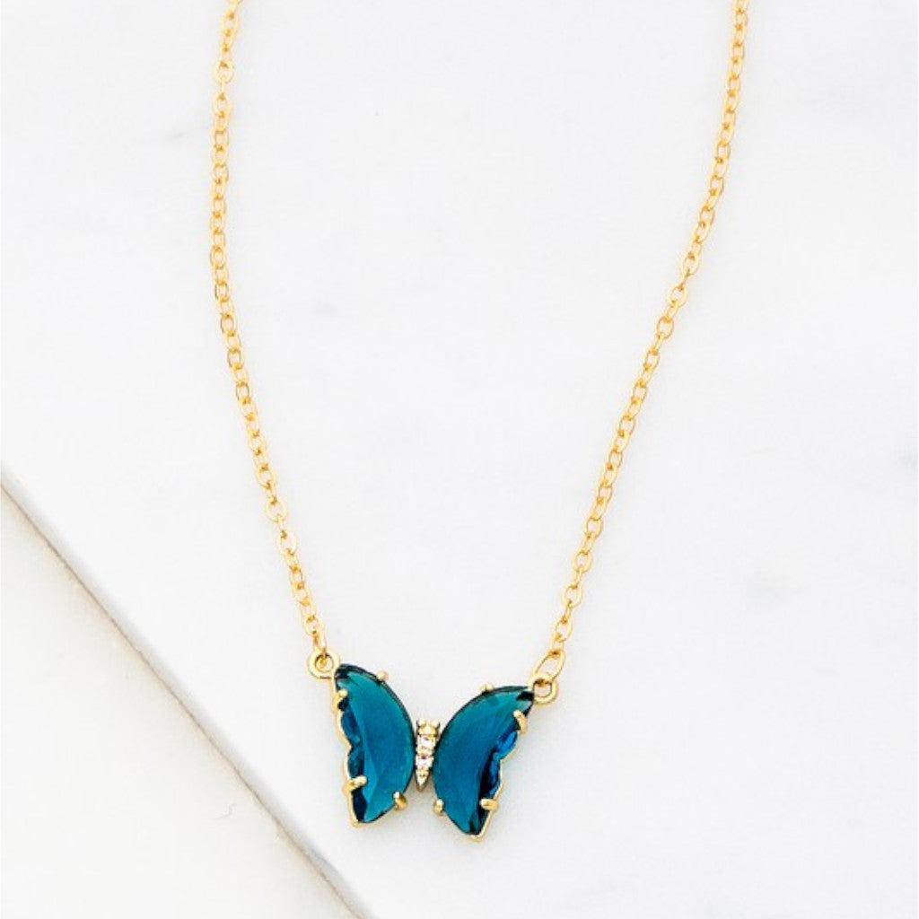 Blue Gem Stone Butterfly Pendant Necklace