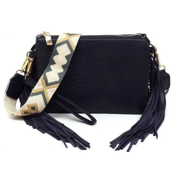 Blue Aztec Guitar Strap Fringe Clutch Crossbody Bag
