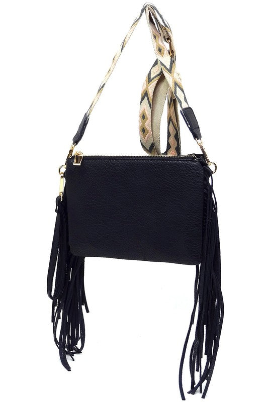 Blue Aztec Guitar Strap Fringe Clutch Crossbody Bag Hanging