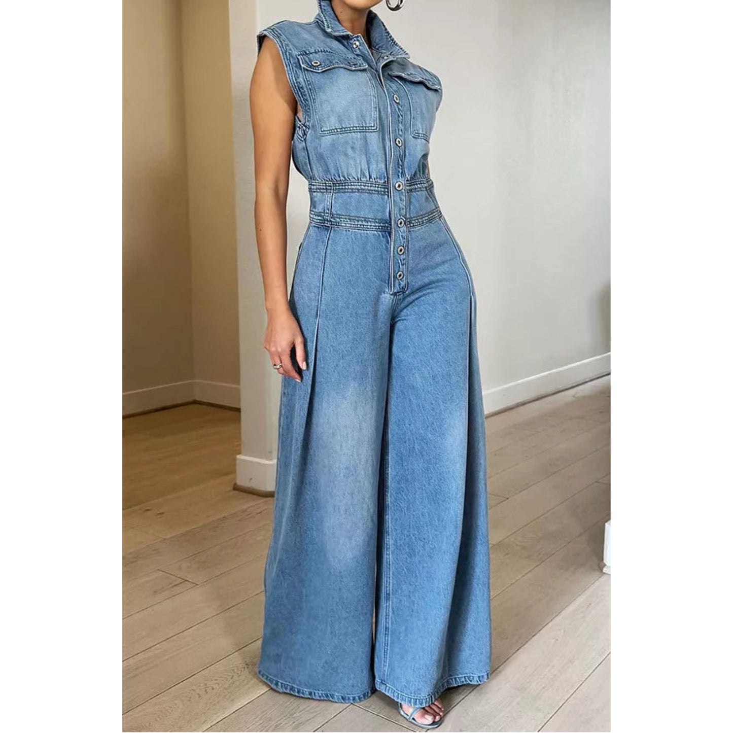 Sleeveless Wide-Leg Denim Jumpsuit with Button-Front