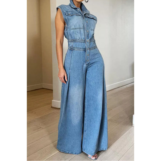 Sleeveless Wide-Leg Denim Jumpsuit with Button-Front