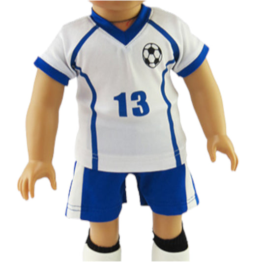 Blue and White Soccer Uniform for 18-inch dolls with doll