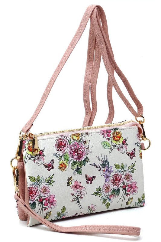 Blush Flowers Fashion Crossbody Bag Clutch Wristlet Front view Strap Up