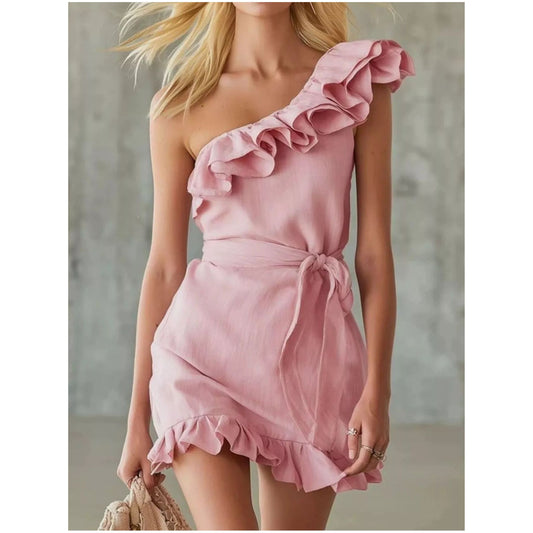 One-Shoulder Ruffle Trim Wrap Dress