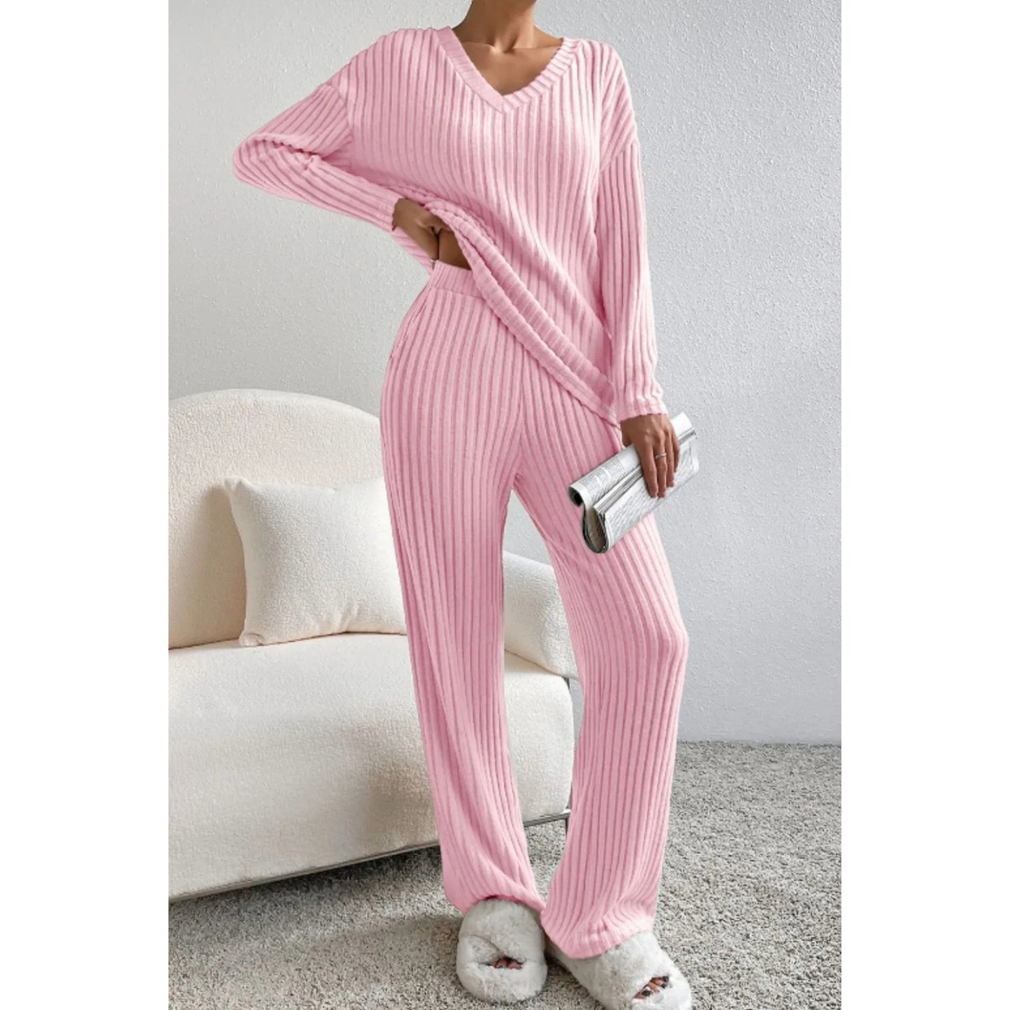 Ribbed V-Neck Top and Pants Lounge Set