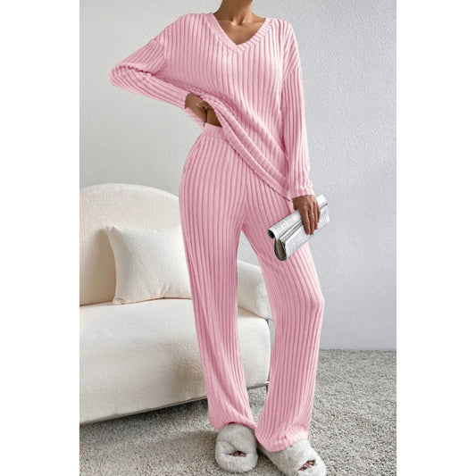 Ribbed V-Neck Top and Pants Lounge Set