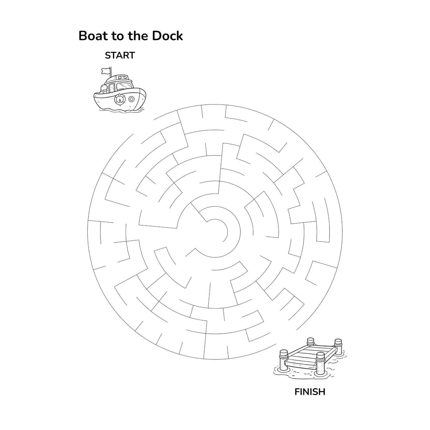 Labyrinth maze with a boat at the start and a dock at the finish on a white background.