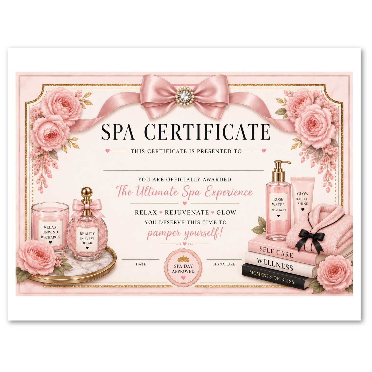 Spa certificate with pink roses, bow, and spa products on a white background