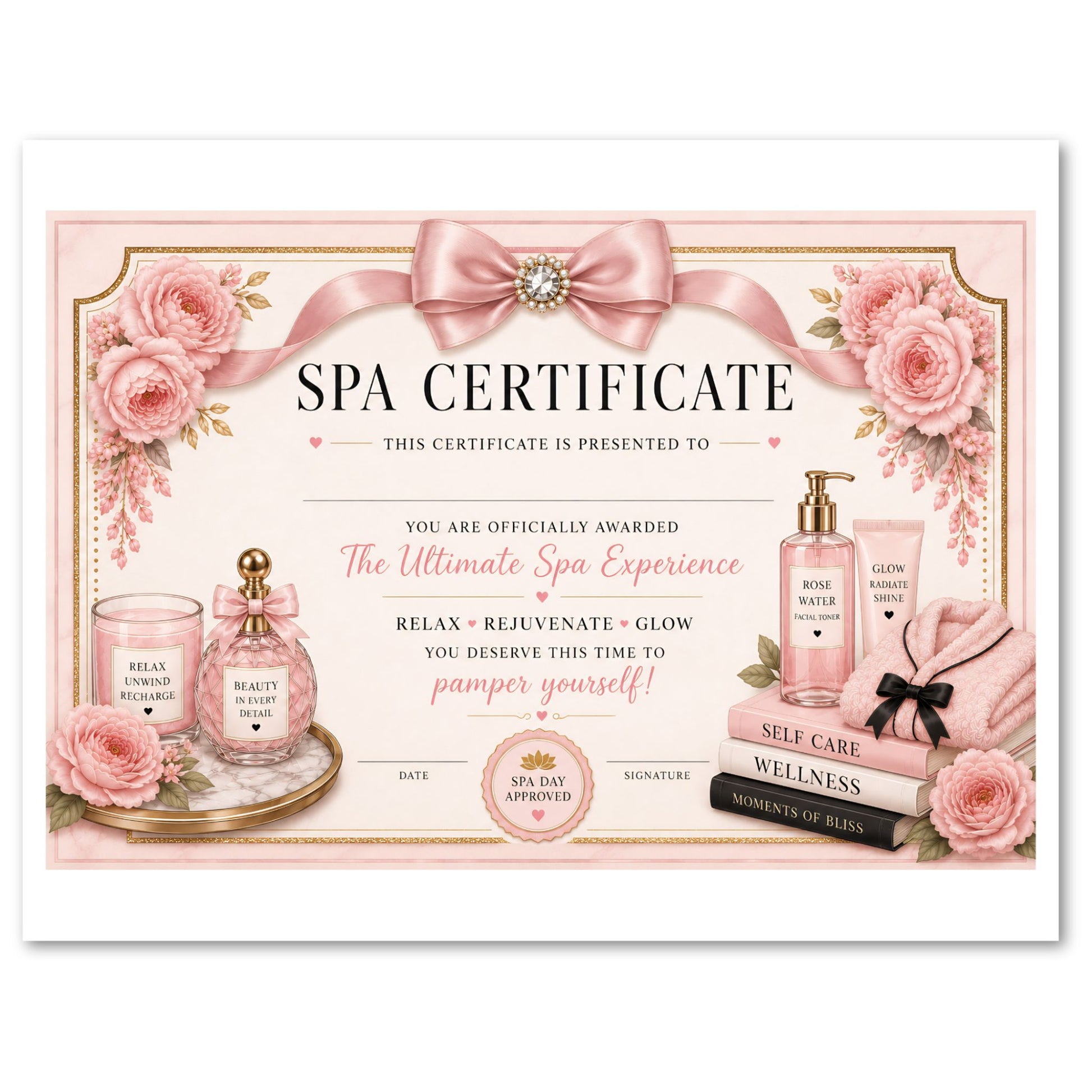Spa certificate with pink roses, bow, and spa products on a white background