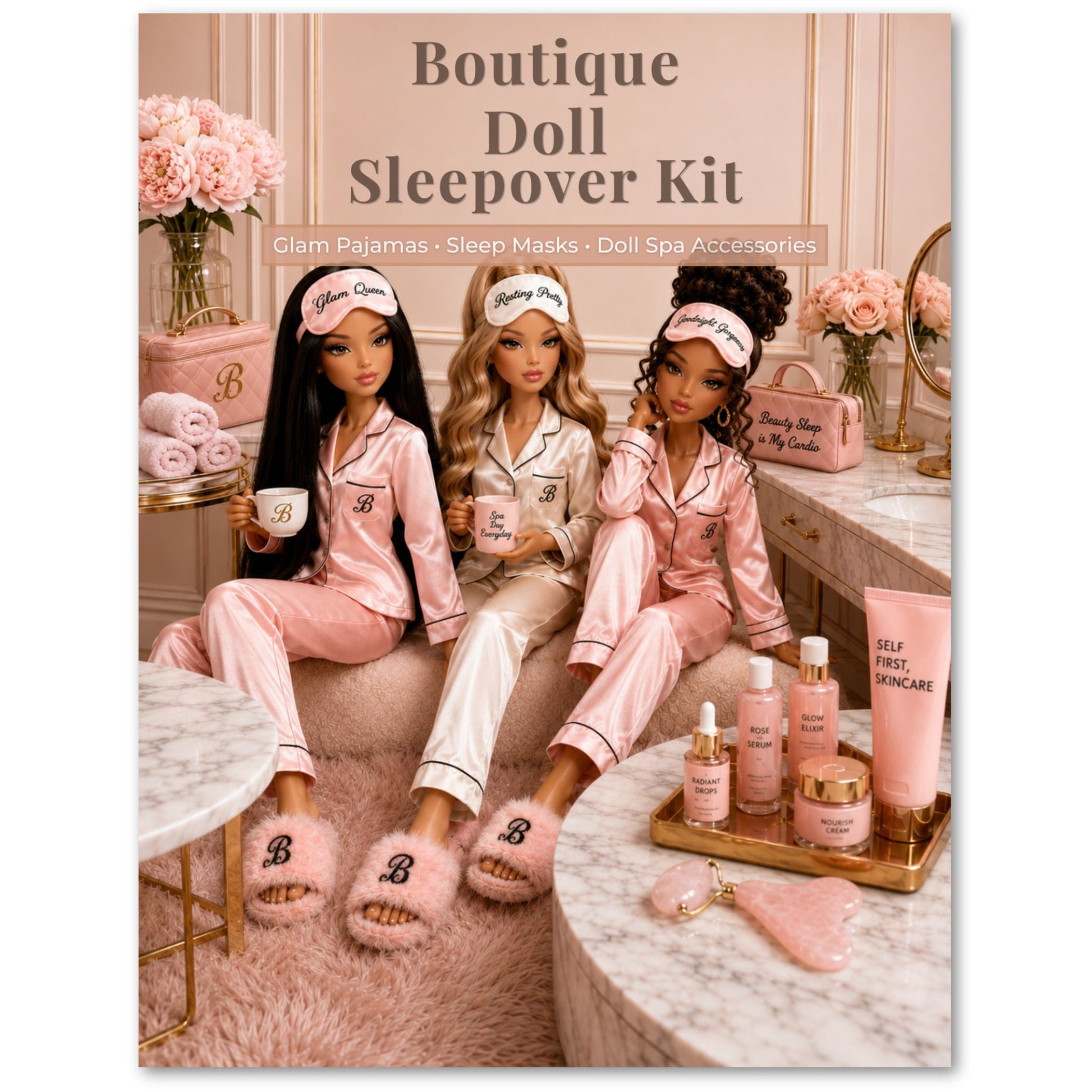 Boutique Doll Sleepover Kit with dolls in pajamas and spa accessories on a marble surface.