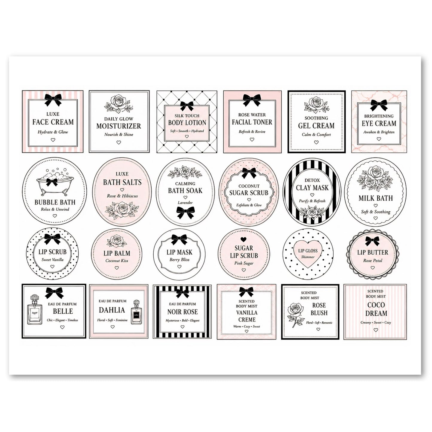 Collection of skincare and beauty product labels on a white background