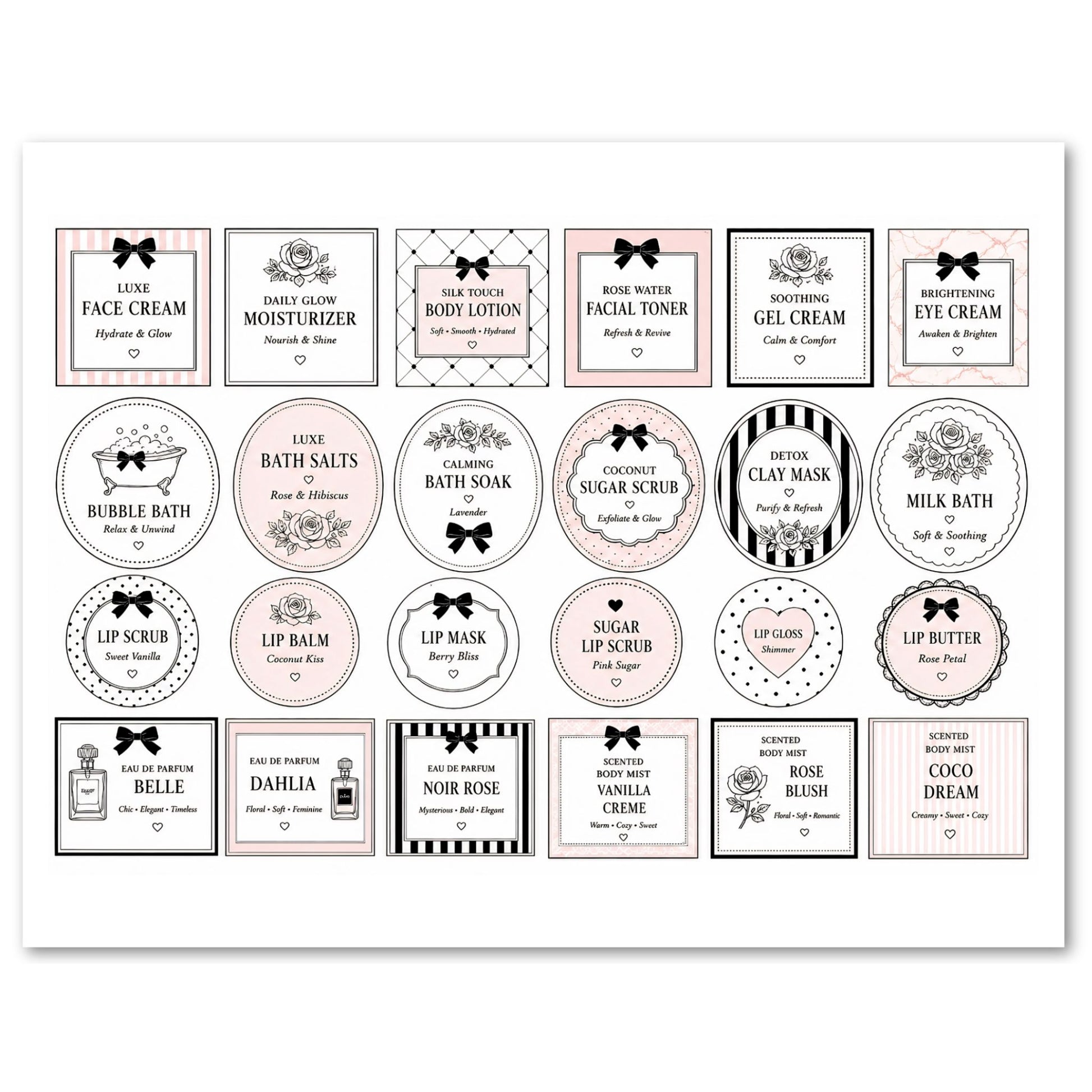 Collection of skincare and beauty product labels on a white background