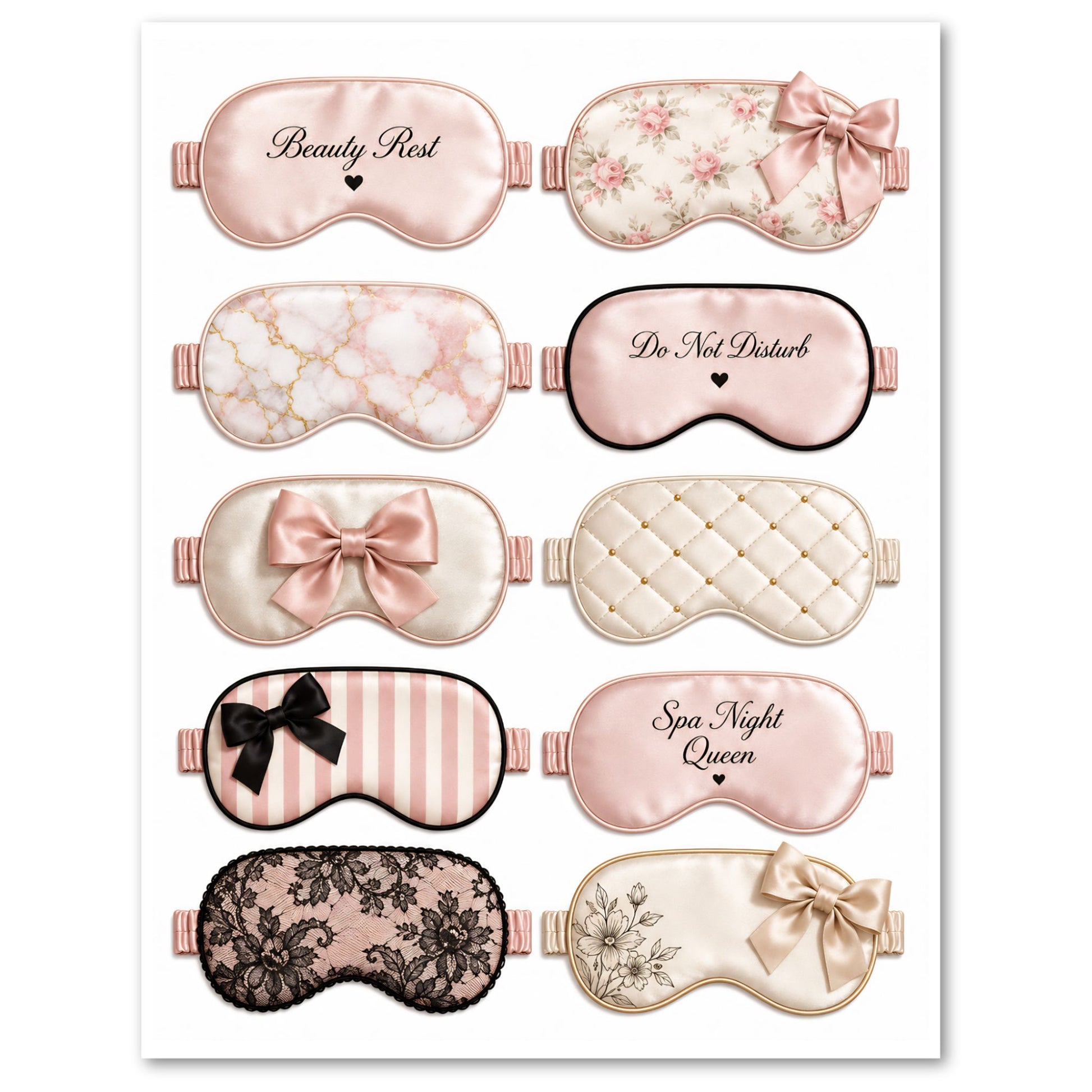 Collection of decorative sleep masks with various designs and text on a white background