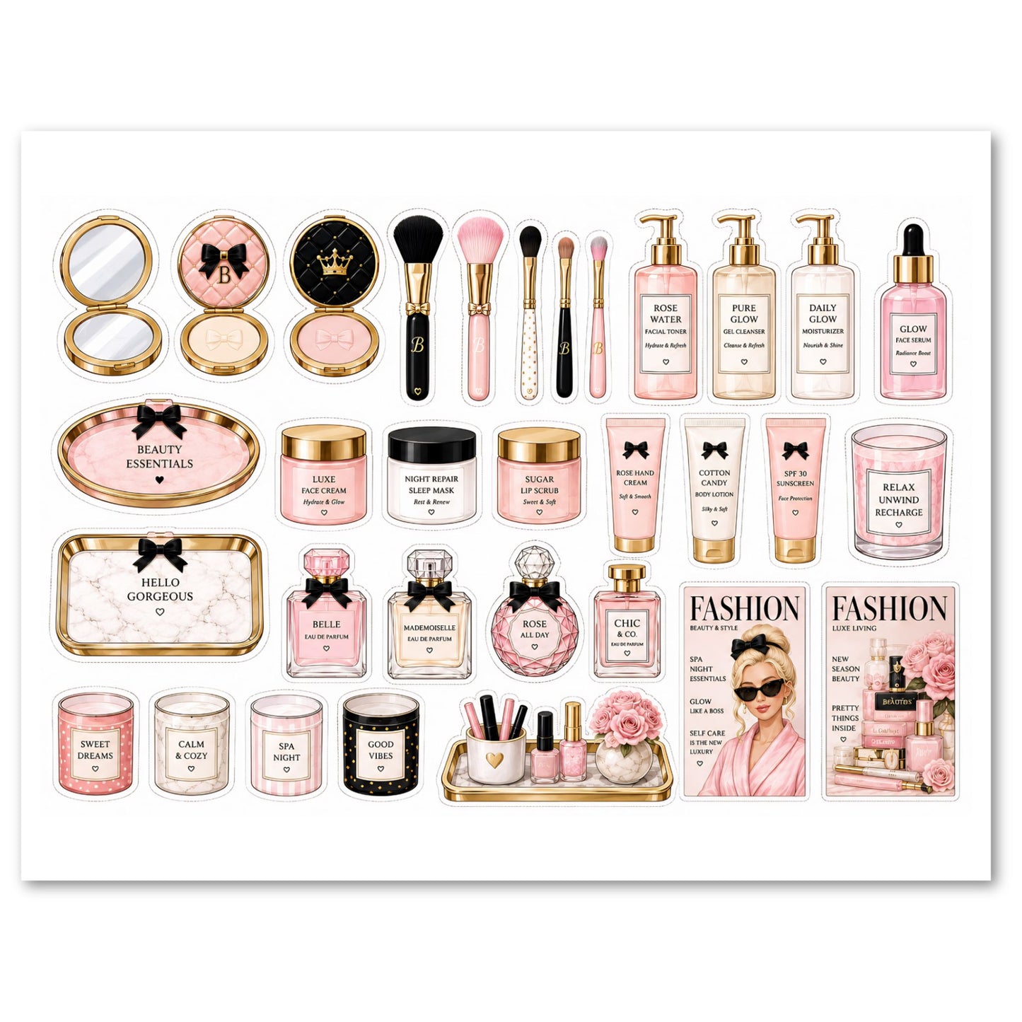 Collection of cosmetic products including bottles, brushes, and other beauty items on a white background.