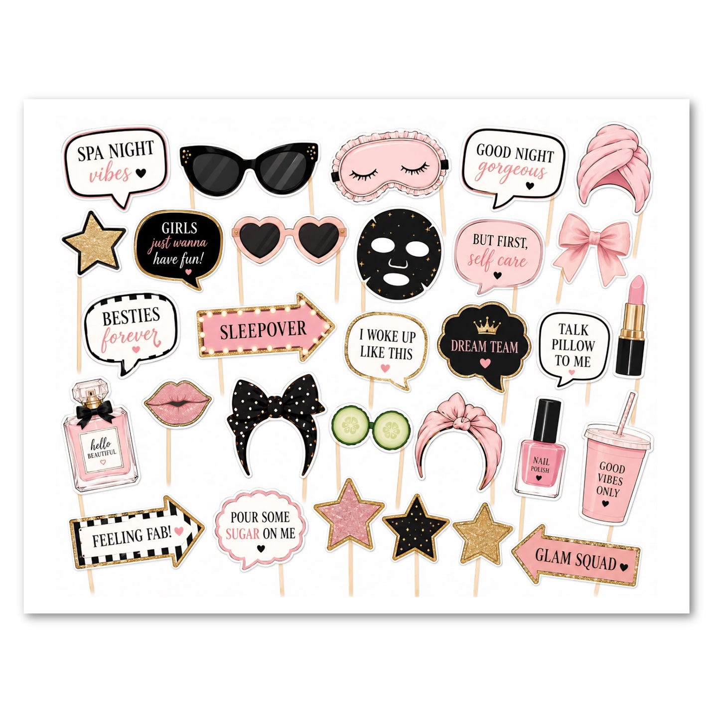 Collection of photo booth props with various items on a white background
