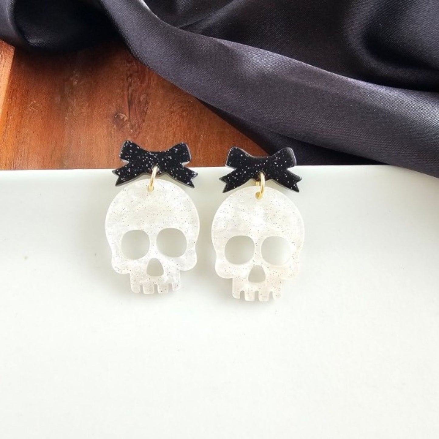 Bow Skeleton Earrings - White Shimmer