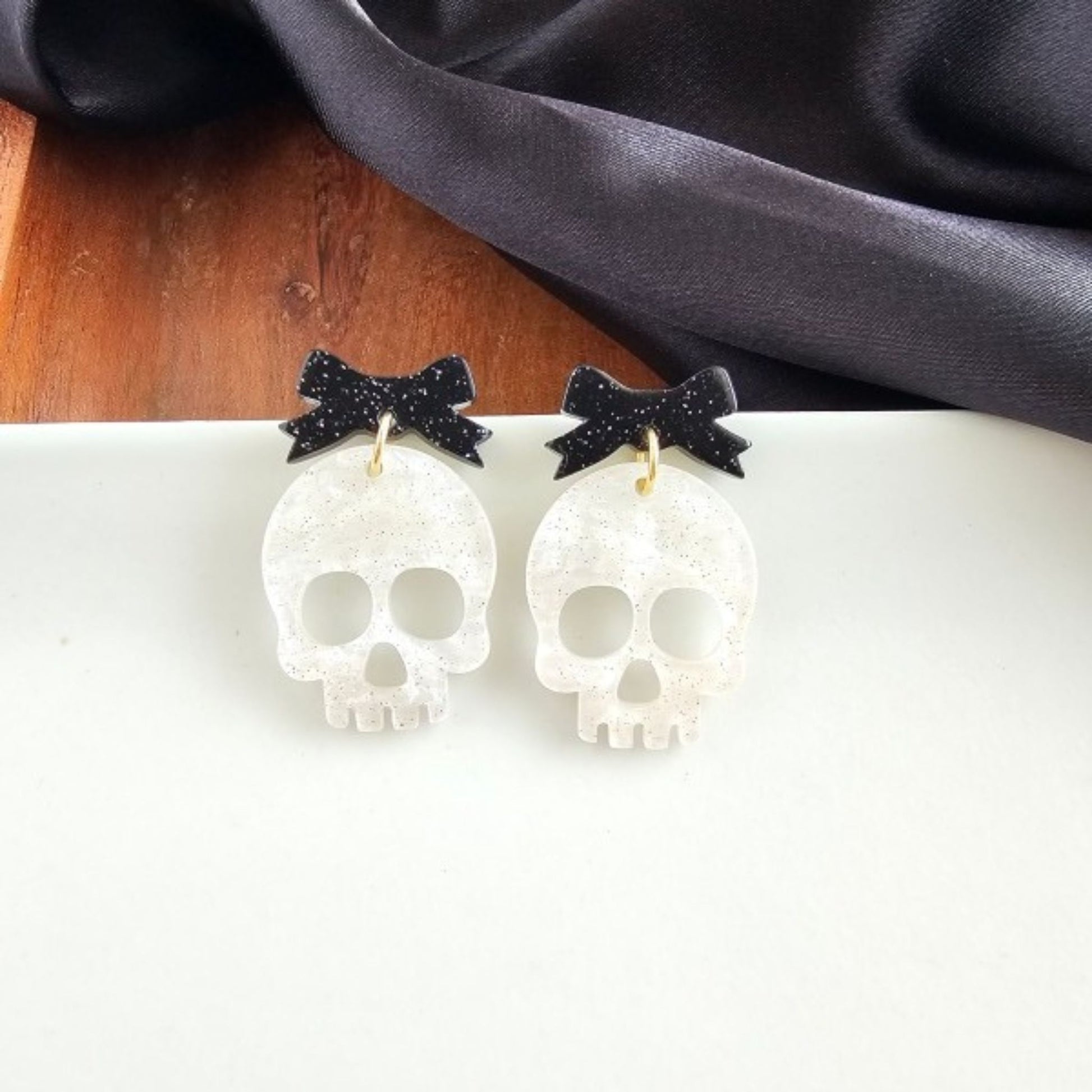 Bow Skeleton Earrings - White Shimmer