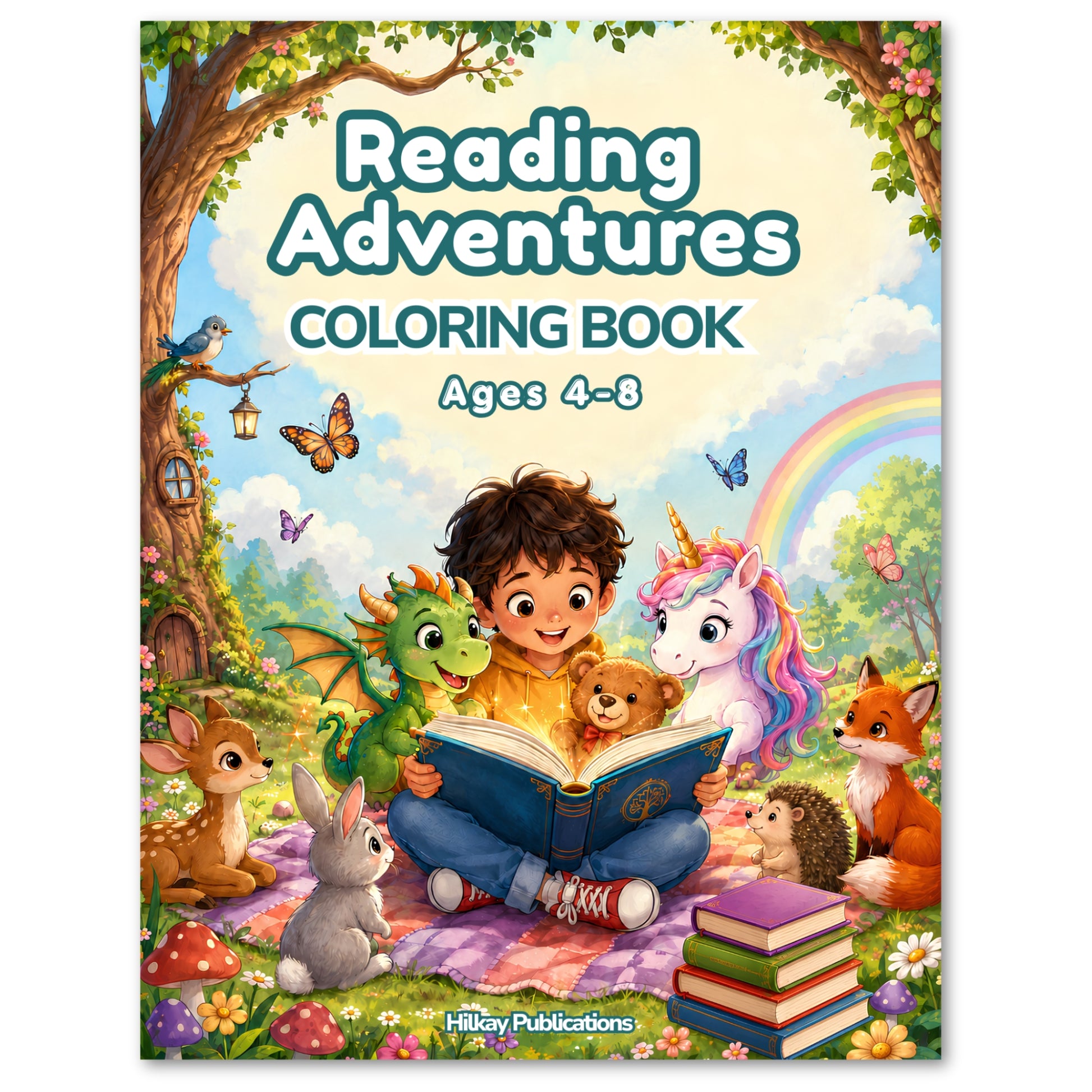 Color illustration of boy sitting beneath a storybook tree reading with animals surrounding him with 'Reading Adventures Coloring Book Ages 4-8.'