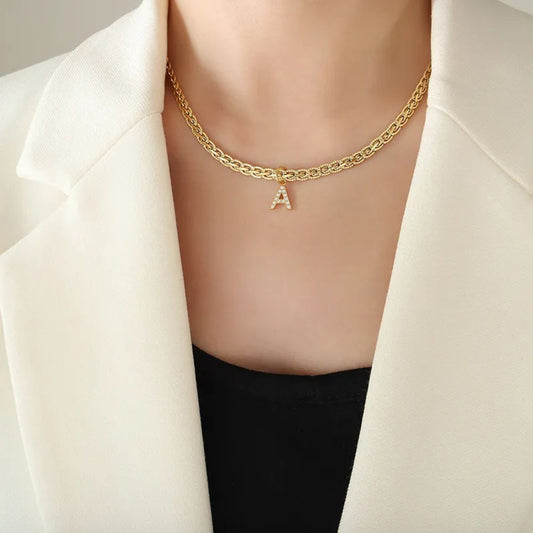 Brass Inlaid Zircon Letter Pendant Necklace A-I